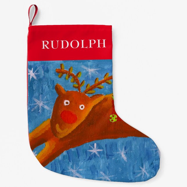 Meia De Natal Pequena Rudolph o nome personalizado da rena (Frente)