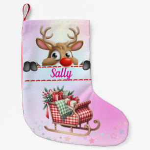 Meia De Natal Pequena Rudolph Reindeer com Papais noeis Suspiros - Rosa