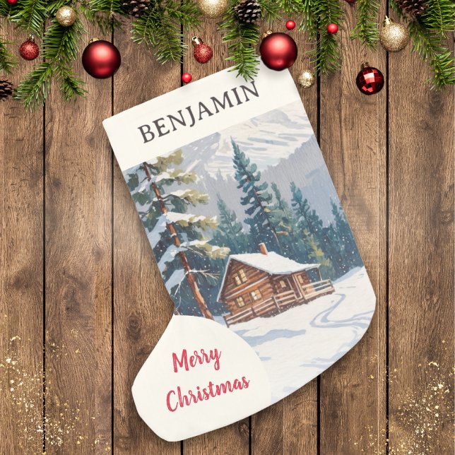 Meia De Natal Pequena Russo Winter Snow Country Cabine Feliz Natal (A Christmas stocking with picture of country cabin in snow, Merry Christmas greeting and custom name)