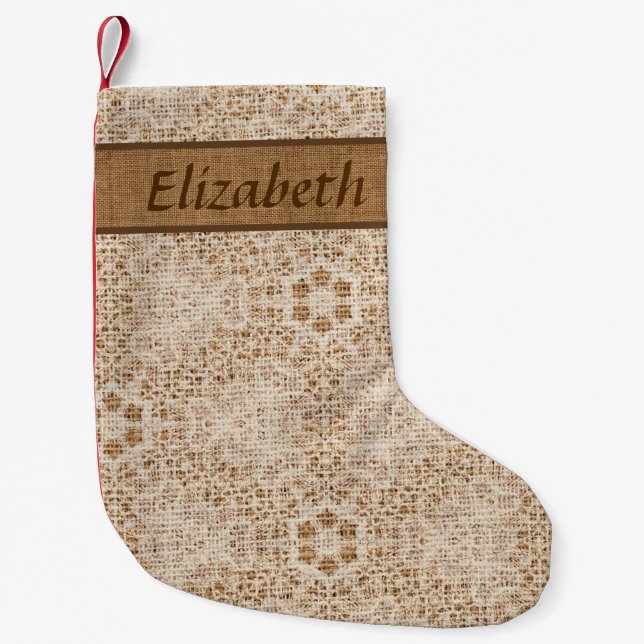 Meia De Natal Pequena Rustic Burlap e Lace Snowflake Personalizados (Frente)