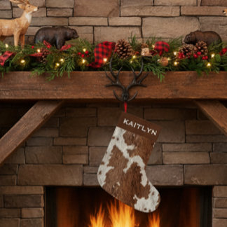 Meia De Natal Pequena Rustic Cow Fur Spots Brown White 