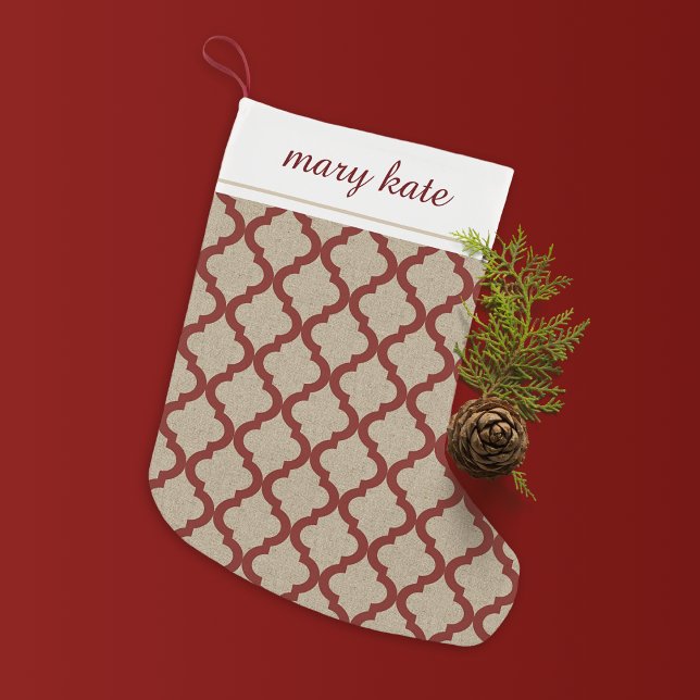 Meia De Natal Pequena Rustic Faux Burlap e Red Quatrefoil (Criador carregado)