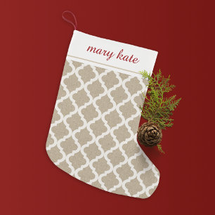 Meia De Natal Pequena Rustic Faux Burlap e White Quatrefoil