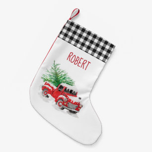 Meia De Natal Pequena Rustic Gingham Xadrez Red Truck