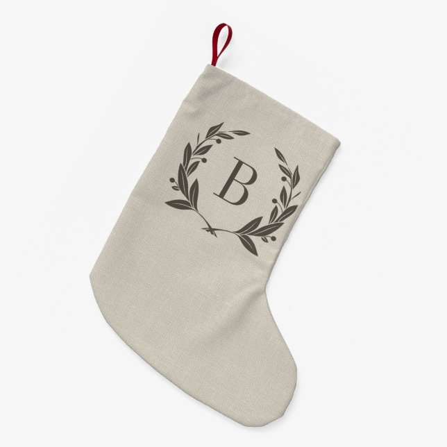 Meia De Natal Pequena Rustic Laurel Wreath Monograma (Frente (Pendurada))
