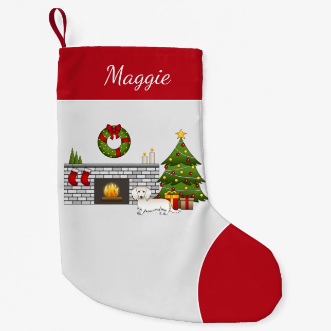 Meia De Natal Pequena Sala de Natal de Cão Cachado de Cabelo Longo (Frente)