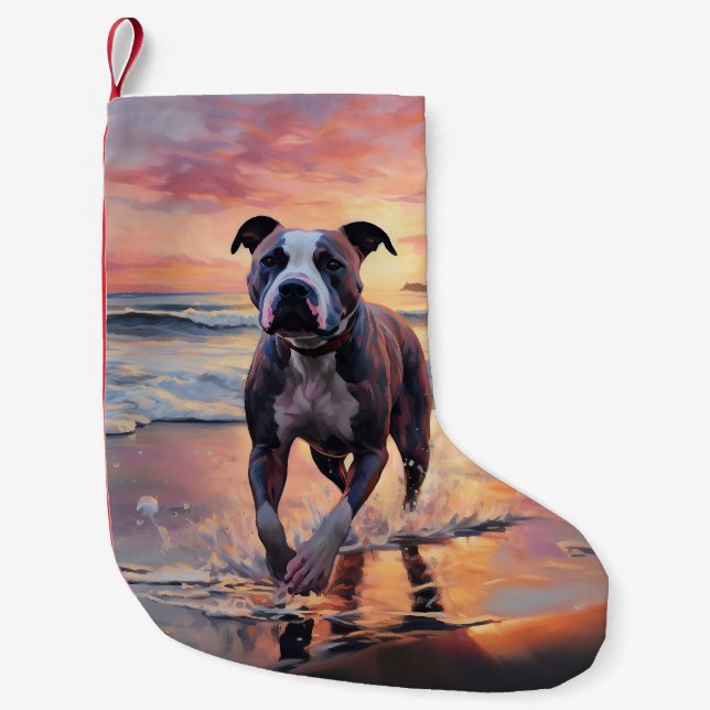 Meia De Natal Pequena Sandy American Staffordshire Dog em Beach Sunset (Frente)