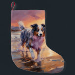 Meia De Natal Pequena Sandy Australian Shepherd Dog on Beach Sunset<br><div class="desc">Mergulhe na beleza tranquila do nosso cão "Sandy Paws and Sunset Hues" na design do pôr do sol da praia. Esta cena cativante captura a essência de uma noite perfeita na costa, com um companheiro leal canino desfrutando das areias ouros e das lutas respiratórias do sol. Quer você seja um...</div>