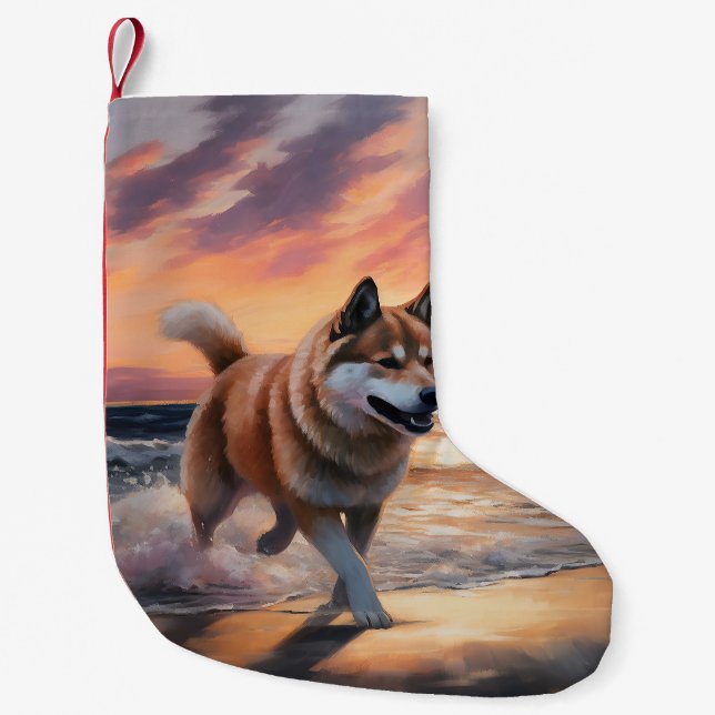 Meia De Natal Pequena Sandy Paws Akita Dog em Beach Sunset (Frente)