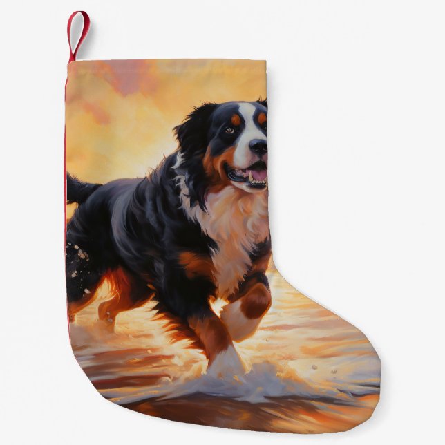 Meia De Natal Pequena Sandy Paws Bernese Mountain Dog em Beach Sunset (Frente)