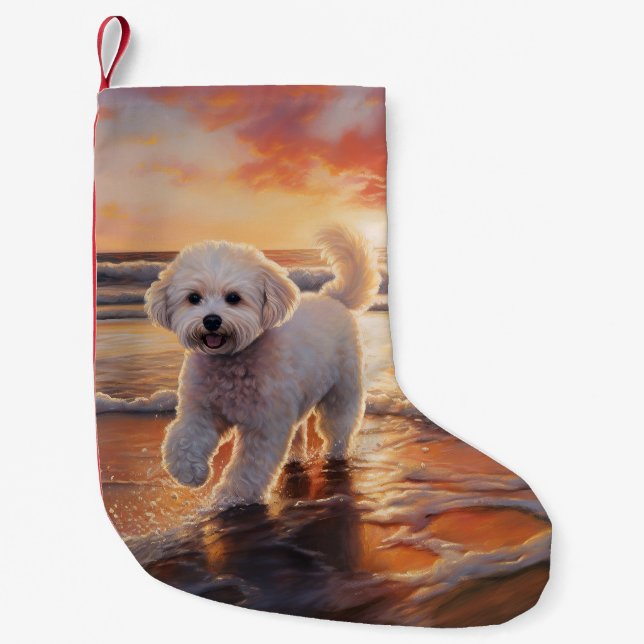 Meia De Natal Pequena Sandy Paws Bichon Frise Dog em Beach Sunset (Frente)