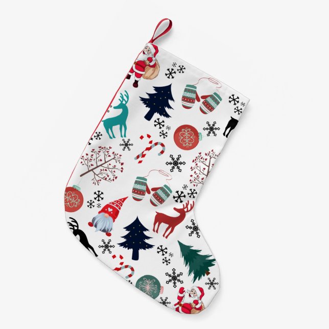 Meia De Natal Pequena Santa Claus Reindeer Pine Trees Mittens (Frente (Pendurada))
