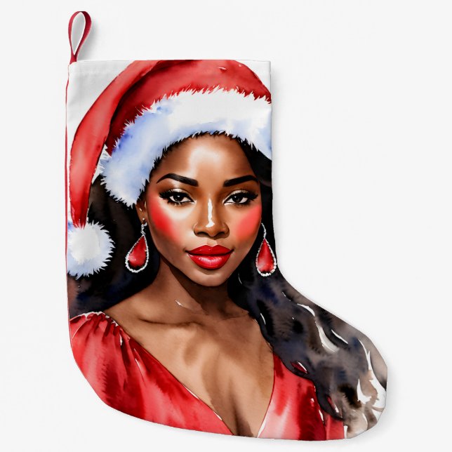 Meia De Natal Pequena Santa Hat, mulher negra de Natal (Frente)