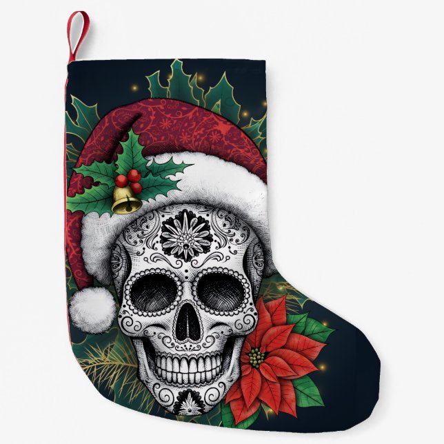 Meia De Natal Pequena Santa Sugar Skull (Frente)