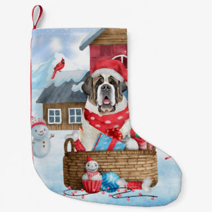 Meia De Natal Pequena Santo Bernard Dog Na Casa Dos Cachorros Da Neve