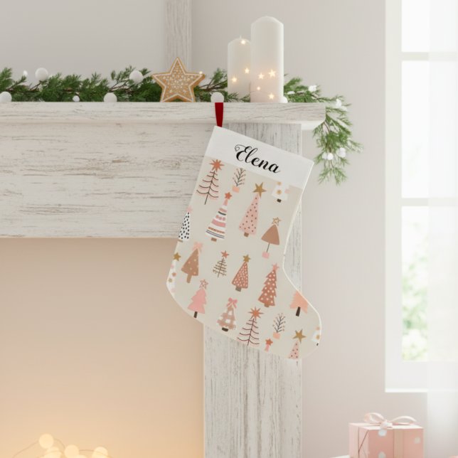 Meia De Natal Pequena Sapins de Noël Rose Scandinave (chaussette noël personnalisée enfant, motif sapins de noël rose, style scandinave)