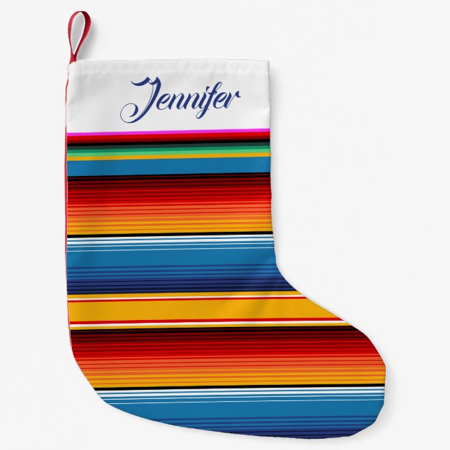 Meia De Natal Pequena Sarape Dourada Vermelho Mexicano Azul Personalizad (Frente)