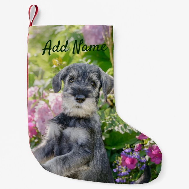 Meia De Natal Pequena Schnauzer Puppy Padrão em Jardim Flor - (Frente)