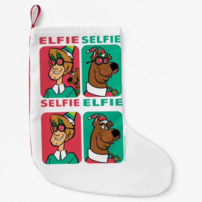 Meia De Natal Pequena Scooby-Doo e Shaggy "Elfie Selfie" (Frente)