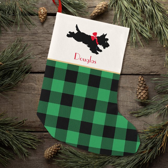 Meia De Natal Pequena Scottie Dog Nome Personalizado Buffalo Xadrez Verd (Criador carregado)