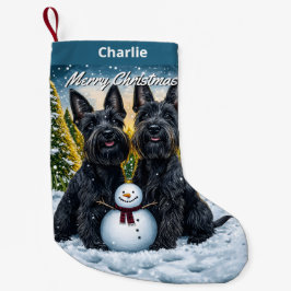 Meia De Natal Pequena Scottish Terriers and Snowman Christmas