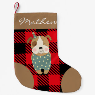 Meia De Natal Pequena Script personalizado Trendy búfalo xadrez vermelho