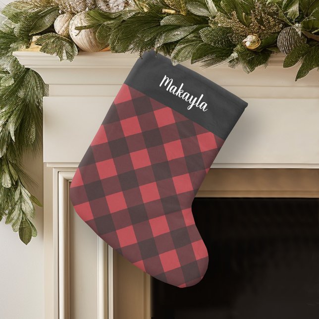 Meia De Natal Pequena Script Rustic Red & Black Buffalo - Padrão de Xadr (Personalized Christmas Stocking)