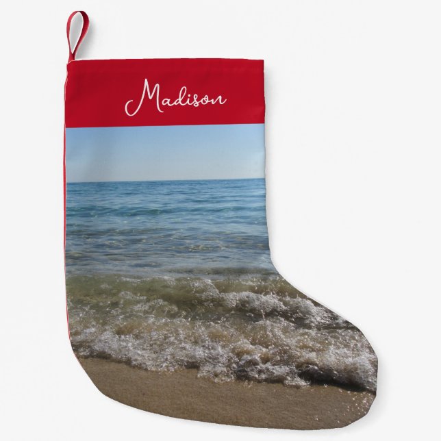 Meia De Natal Pequena Sea & Sand Beach Waves Nome Personalizado (Frente)