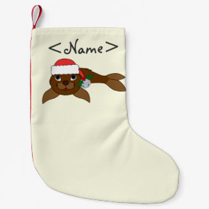Meia De Natal Pequena Selo de bebê de Brown com chapéu do papai noel &