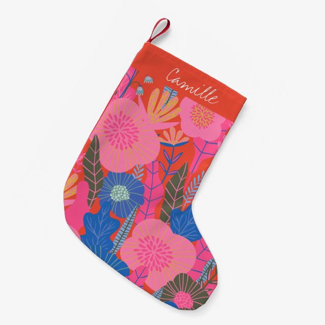 Meia De Natal Pequena Selva Floral Tropical Vibrante Vermelha Personaliz (Frente (Pendurada))