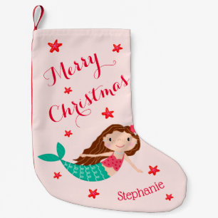 Meia De Natal Pequena Sereia Natal Personalizado Rosa Bege