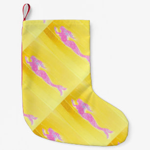 Meia De Natal Pequena sereias cor-de-rosa no amarelo