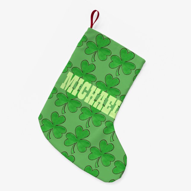 Meia De Natal Pequena Shamrock Verde de Clover Personalizado e Sortudo (Frente (Pendurada))
