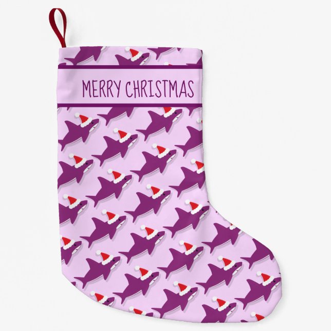 Meia De Natal Pequena Sharkmas Roxo do Shark Santa Hat (Frente)