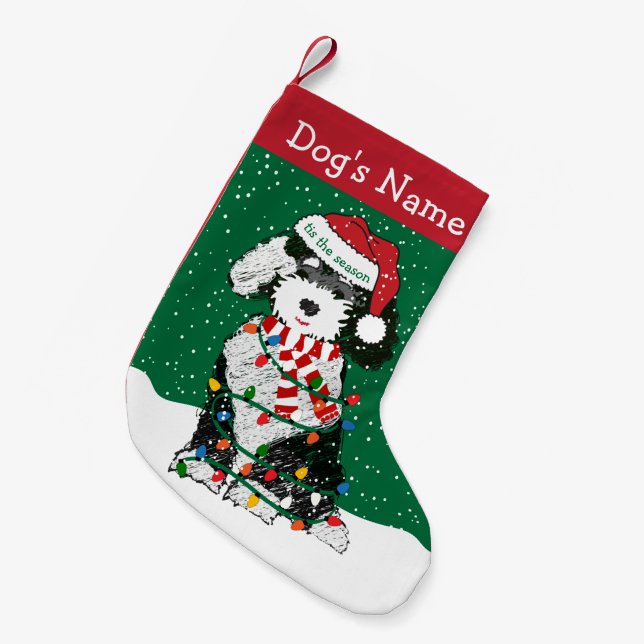 Meia De Natal Pequena Sheepadoodle das Luzes de Natal Personalizadas (Frente (Pendurada))
