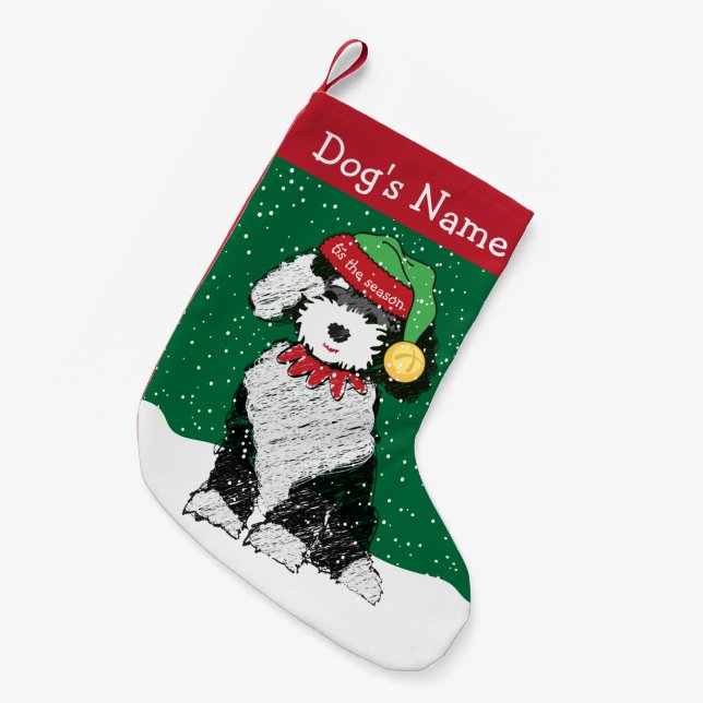 Meia De Natal Pequena Sheepadoodle Elf personalizado (Frente (Pendurada))