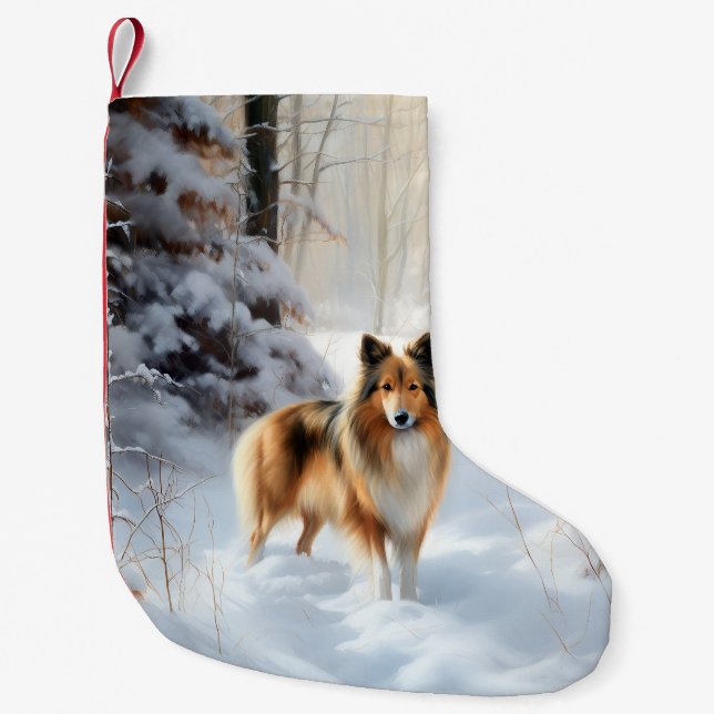 Meia De Natal Pequena Shetland Sheepdog Deixe-o nevar no Natal (Frente)