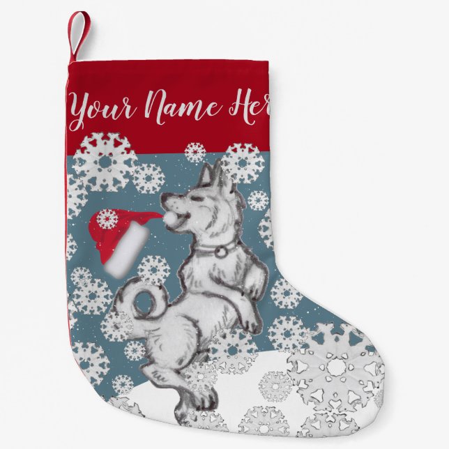 Meia De Natal Pequena Shiba Inu Cachorro Santa Hat Flocos de neve azuis (Frente)