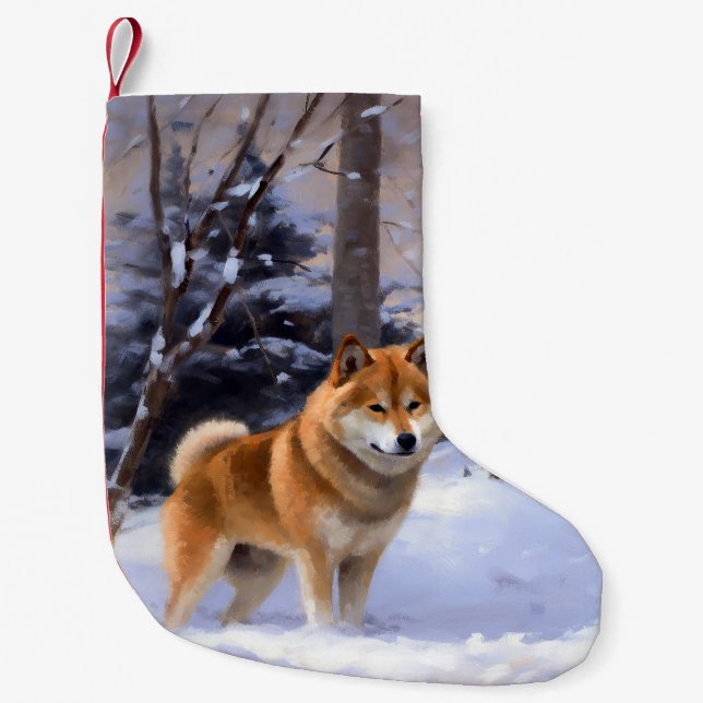 Meia De Natal Pequena Shiba Inu Deixe-o nevar no Natal (Frente)