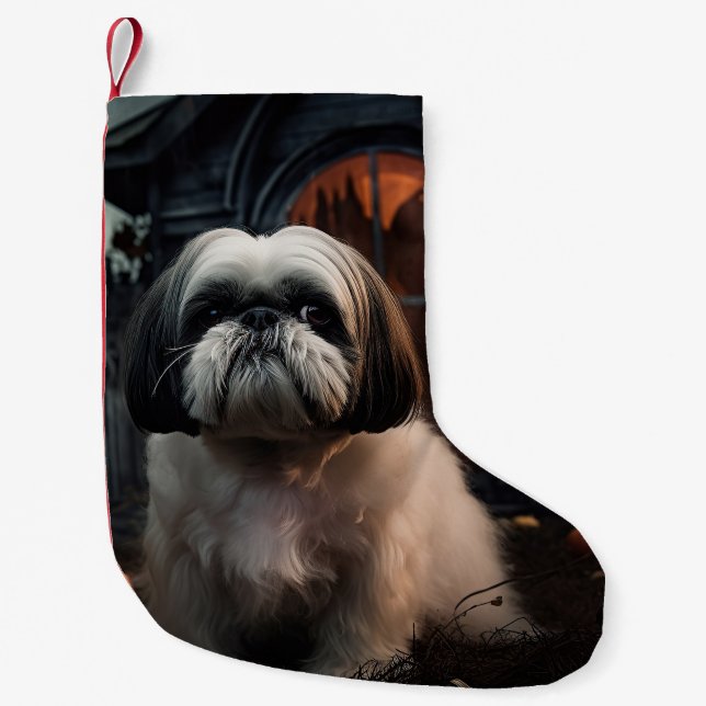 Meia De Natal Pequena Shih Tzu Halloween Scary (Frente)