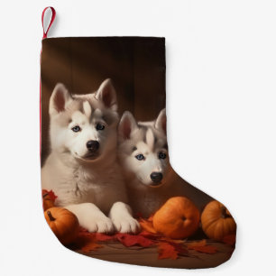 Meia De Natal Pequena Siberian Husky Puppy Autumn Delight Pumpkin