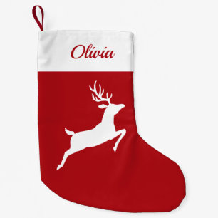 Meia De Natal Pequena Silhouette White Reindeer Em Vermelho E Nome Perso