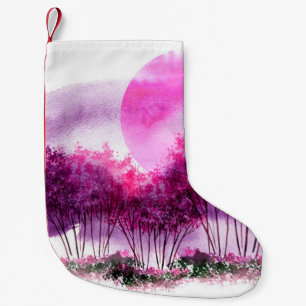 Meia De Natal Pequena silhueta roxa, rosa, de árvores contra o fundo