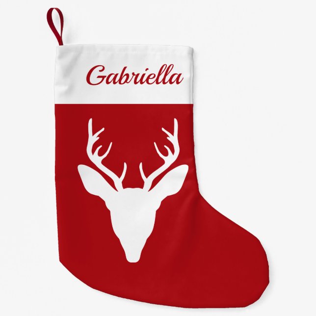 Meia De Natal Pequena Silhuette White Deer Head Em Vermelho Com Nome Per (Frente)