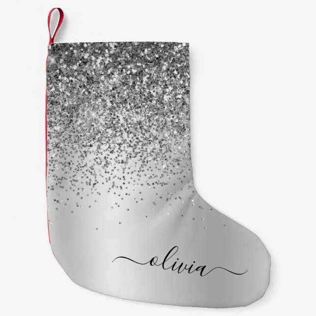 Meia De Natal Pequena Silver Glitter Monograma Nome Luxury Girly (Frente)