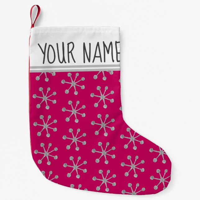 Meia De Natal Pequena Silver Snowflakes Nome personalizado de inverno (Frente)