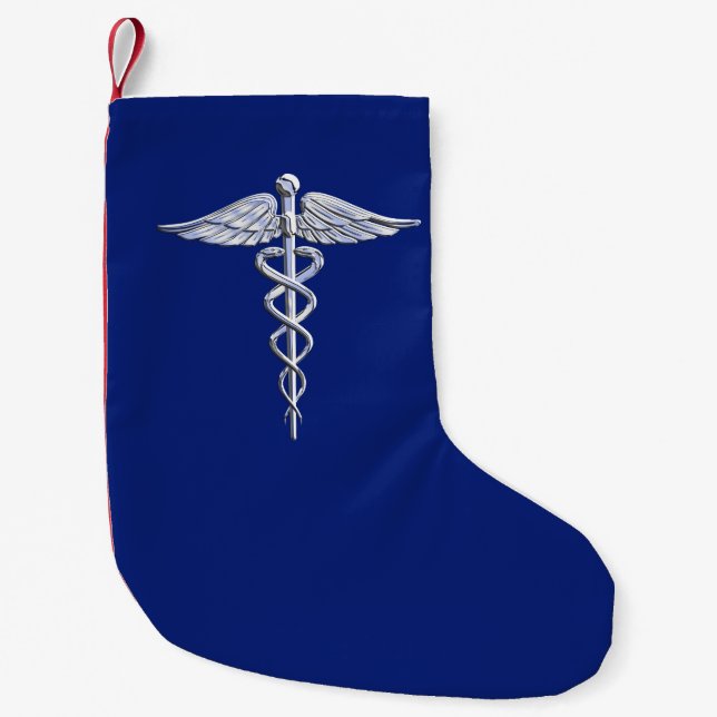 Meia De Natal Pequena Símbolo Médico do Cromo de Prata Caduceus em Azul  (Frente)