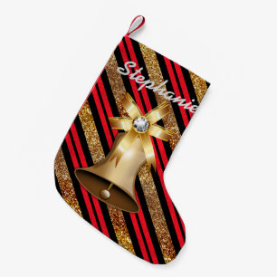 Meia De Natal Pequena Sino Dourado Vermelho Dourado & Brilho Falso Preto