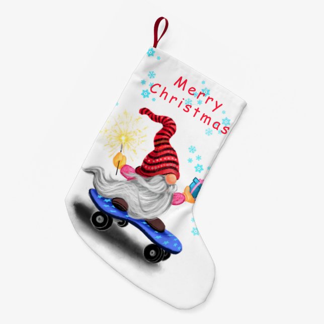 Meia De Natal Pequena Skater Gnomo com presentes no Natal (Frente (Pendurada))