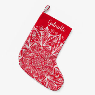 Meia De Natal Pequena Snowflake Mandala Calligraphy Name Red and White